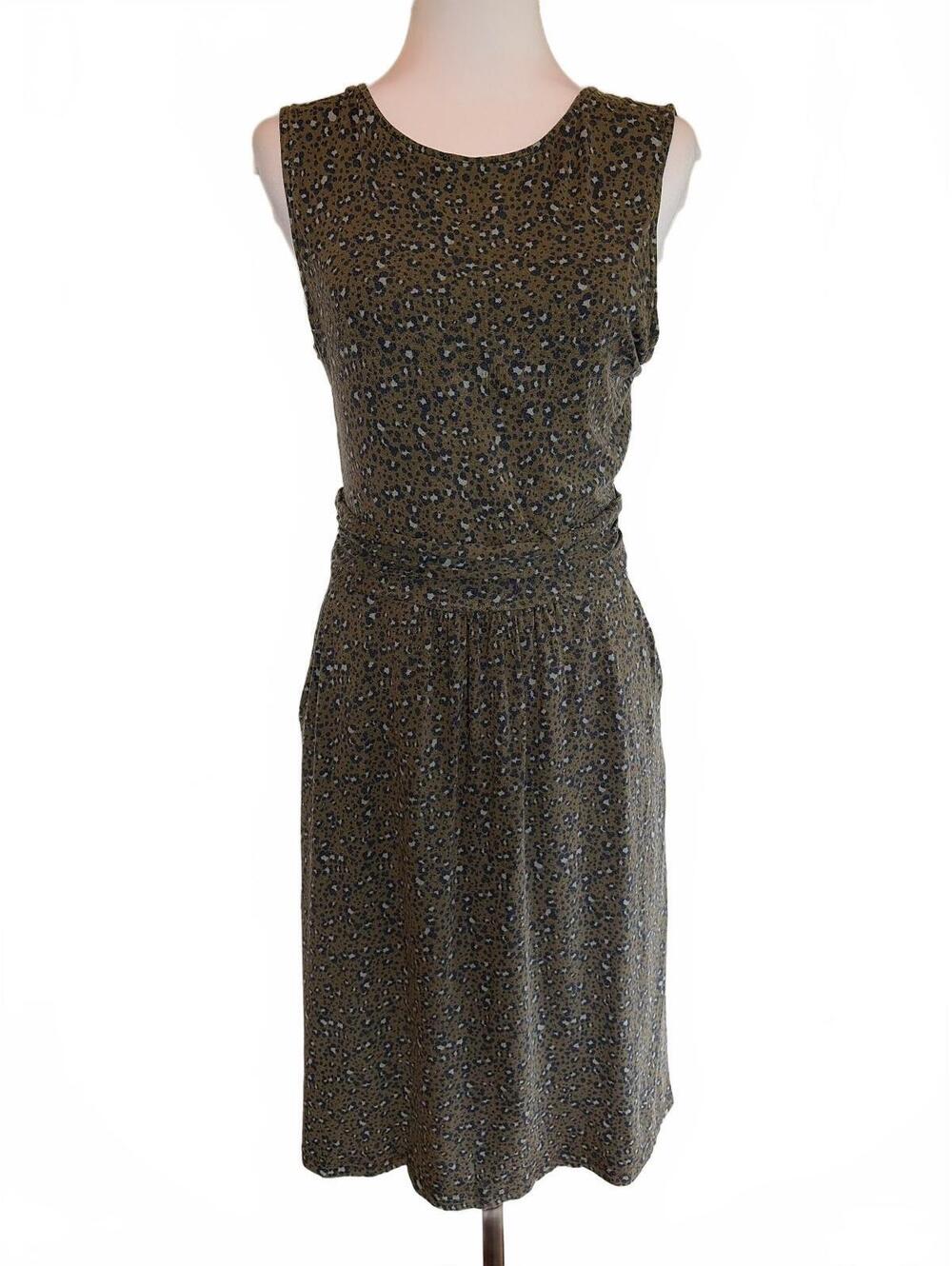 Boden Midi Dress US 6R Olive Brown Ditsy Print Sleeveless Fall Layering Autumn